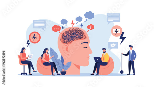 Mental health and psychology concept showing professionals and people dealing with tangled thoughts and stress.