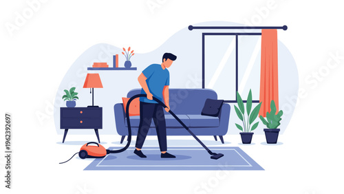 Young man in a blue t-shirt vacuuming a blue rug in a bright and clean modern living room featuring a sofa, window, and potted plants.