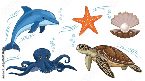Set of marine life illustrations including dolphin, octopus, sea turtle, starfish, and pearl in an open oyster.