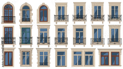 Set of architectural window designs featuring elegant balconies and decorative wrought iron railings for buildings.