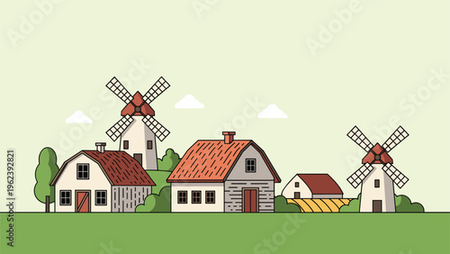 Idyllic rural landscape illustration featuring traditional farm houses, lush trees, and classic Dutch windmills.