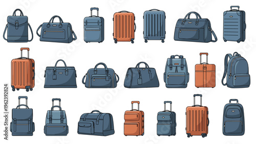 Assortment of modern travel bags, backpacks, and rolling suitcases displayed in shades of navy blue and orange.