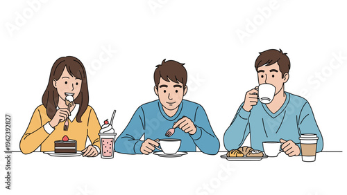 Three young friends sitting at cafe table while enjoying coffee, milkshakes, and delicious pastries like croissants.