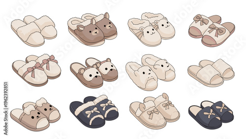 Collection of cute and comfortable indoor home slippers featuring various animal designs and decorative bows.