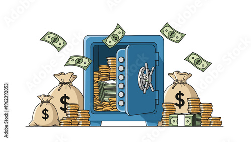 Open blue metal safe overflowing with gold coins, paper money, and heavy sacks of cash representing great wealth.