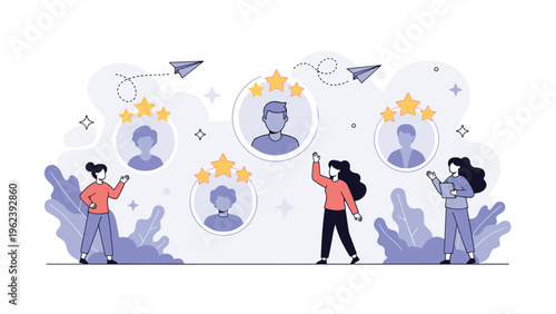 Recruitment team evaluating candidates profiles with star ratings and feedback for hiring process and talent management in human resources.