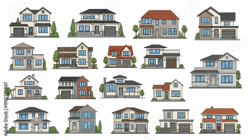 Large grid illustration showcasing various modern residential house designs with different roofs and garage doors.