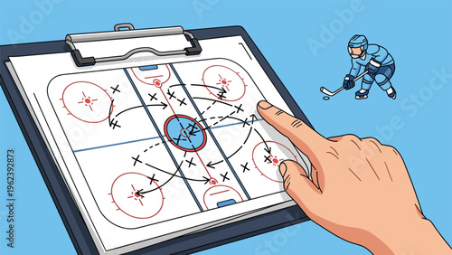 Professional ice hockey coach planning game strategy on a clipboard with player movement diagrams and tactics for a successful sports match.