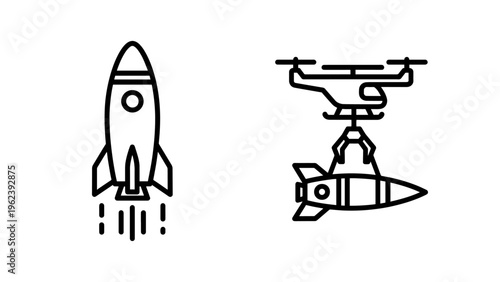 Rocket launch and drone delivery of payload icon set