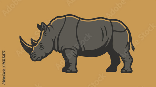 A detailed illustration of a rhinoceros standing on a plain background.