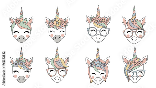 Set of adorable unicorn heads featuring various floral crowns, stylish glasses, and colorful hairstyles for kids.