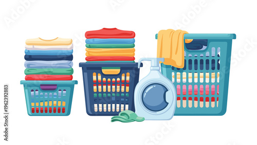 Domestic laundry scene featuring several plastic baskets filled with neatly folded colorful clothes and detergent.