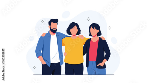 Diverse group of young friends standing together with arms around each other showing friendship and support in a clean modern flat illustration.