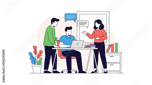 Professional team of colleagues working together in office environment while discussing project around a laptop.