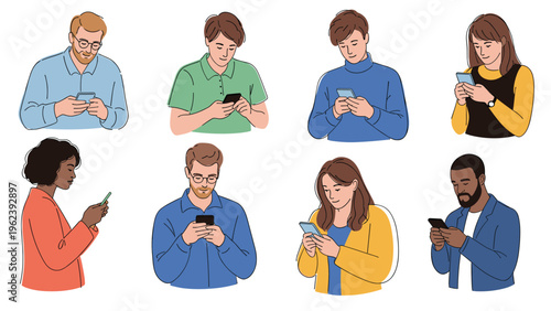 Group of diverse people of different ages and ethnicities all looking at and interacting with their smartphones.