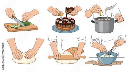 Sequence of six illustrations showing various culinary techniques like chopping vegetables, decorating a cake, kneading dough, and whisking.