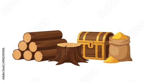 Still life illustration with a stack of wooden logs, a tree stump, an ornate treasure chest, and sacks of sand or grain on a white background.