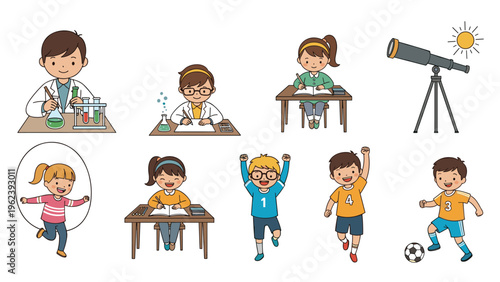 Large set of cute school children engaged in various educational and physical activities such as science experiments, studying, and sports.