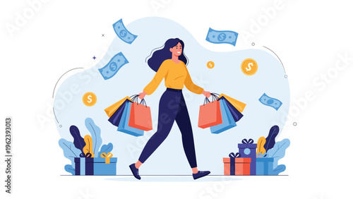 Happy young woman walking with many colorful shopping bags and gift boxes surrounded by flying money for retail and consumerism themes.