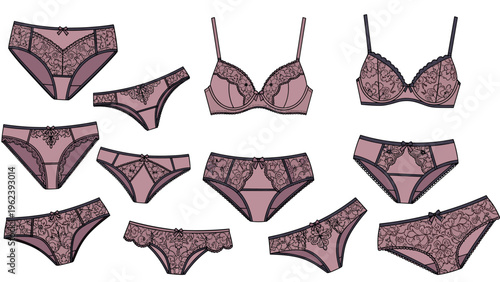 Large selection of women's mauve colored lace lingerie including various styles of panties and two matching bras displayed on a white background.
