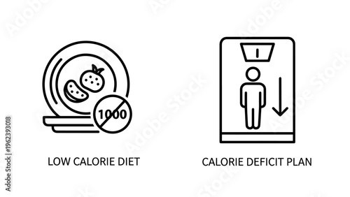 Low calorie diet plate and calorie deficit plan icons