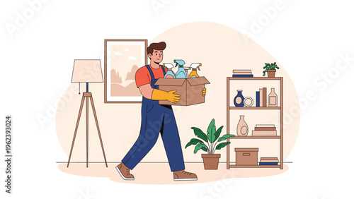 Professional male cleaner in blue overalls and yellow gloves carrying a cardboard box full of cleaning products through a modern living room.