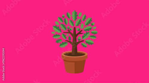 A vibrant illustration of a potted tree against a pink backdrop.