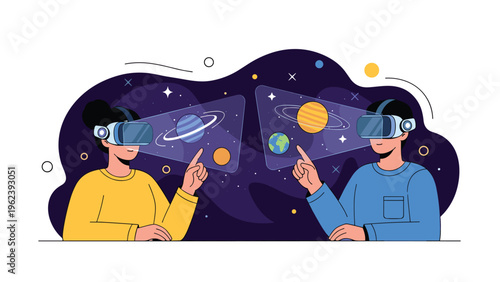 Man and woman using virtual reality headsets to explore the solar system and planets for immersive education and futuristic gaming experiences.