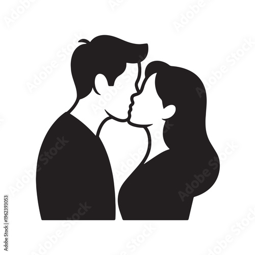 Vector illustration of a black silhouette depicting a husband and wife in a loving profile embrace with a heart symbol to love and romance between people