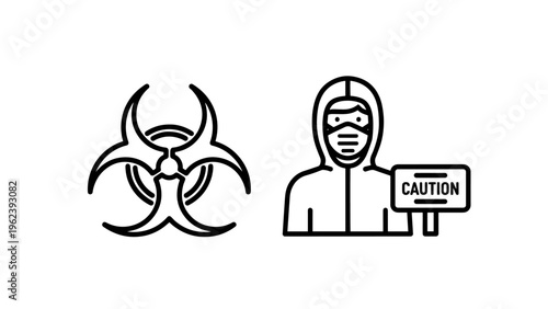Biohazard symbol and hazmat suit icon