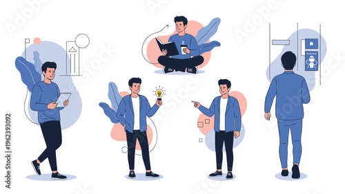 Professional man shown in various poses including walking reading holding an idea bulb and working for business character design and lifestyle.
