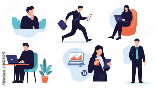 Set of business people characters in different work scenarios including running with a briefcase using a laptop and analyzing data charts.