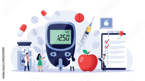 Medical team monitoring blood glucose levels with a giant glucometer syringe and healthy food for diabetes management and health awareness.
