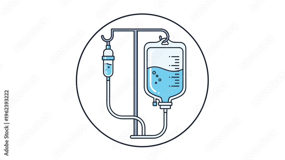 Obraz premium Medical IV drip bag filled with blue fluid hanging on a metal stand for hospital treatment and patient care services in a circular design.