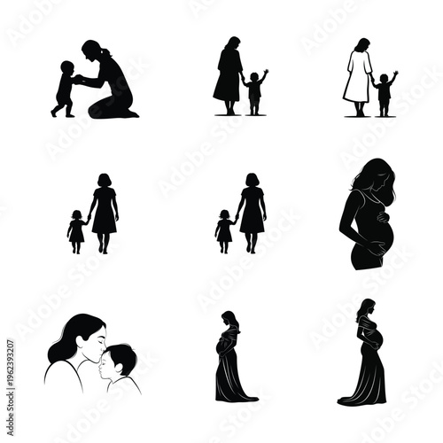 Silhouettes depicting motherhood pregnant women mothers with children and affectionate family moments high quality professional detailed