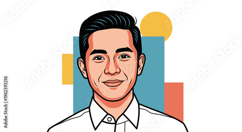 A smiling young man in a white shirt with colorful geometric shapes behind him.