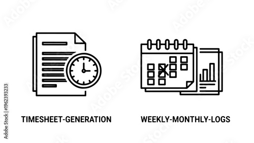 Timesheet generation and weekly monthly logs icons with useful for business