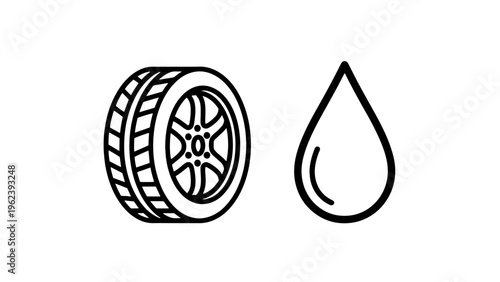 Car tire and water drop icons with simple line art icons depicting a car tire