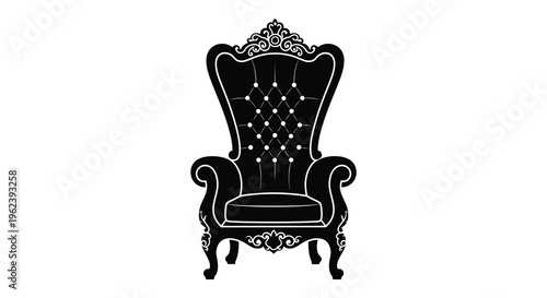 Silhouette of a luxurious ornate throne chair with high back and armrests