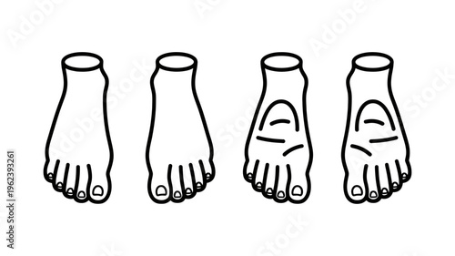 A minimalist line art illustration showcasing four different views of human feet from top and bottom.