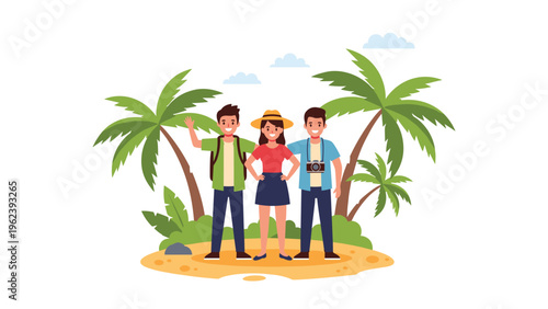 Happy tourists standing together on a tropical sandy beach with palm trees and a camera ready for summer vacation and travel adventures.