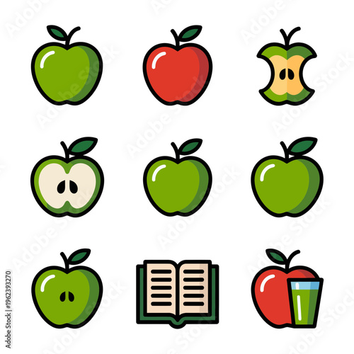 A comprehensive set of nine apple illustrations in green and red, including a book and juice.