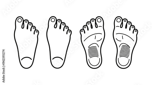 Line art illustration showing four views of human feet, including top, bottom, and arch support.