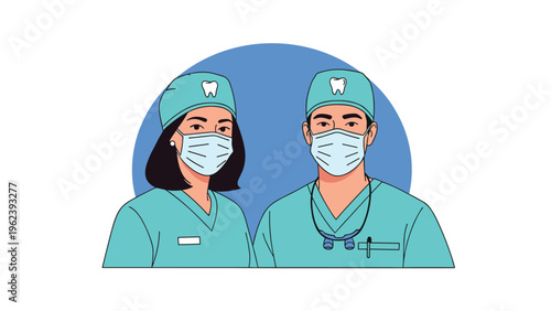 Professional male and female dentists wearing surgical masks and caps with tooth icons for dental clinic staff and healthcare services.