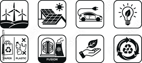 Renewable energy icons set wind solar electric car recycling eco lifestyle clean technology sustainable environment vector illustration collection