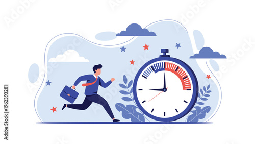 Time management and deadline concept showing a man in a suit running with a briefcase next to a large stopwatch to reach his goal.