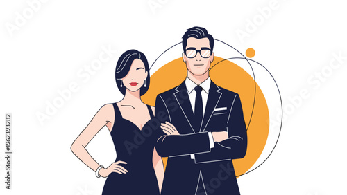 Elegant couple in sophisticated formal black attire standing confidently against a minimalist abstract backdrop.