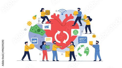 Diverse group of people collaborating to support a giant anatomical heart representing community healthcare and medical aid.