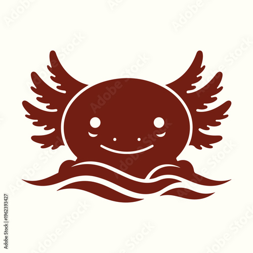 A stylized dark red axolotl illustration with wings and a smiling face set above waves