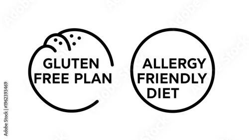 Gluten free and allergy friendly diet icons, black and white simple design
